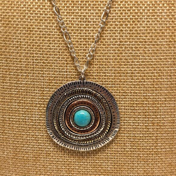 Boho Statement Pendant Necklace Turquoise Center 21" Silver Tone Chain Medallion - Picture 11 of 15